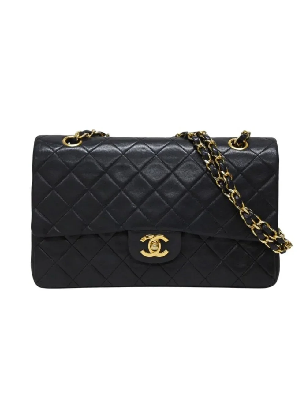 Chanel Quilted 25 Double Flap Chain Shoulder Bag CC Logo Lambskin Gold